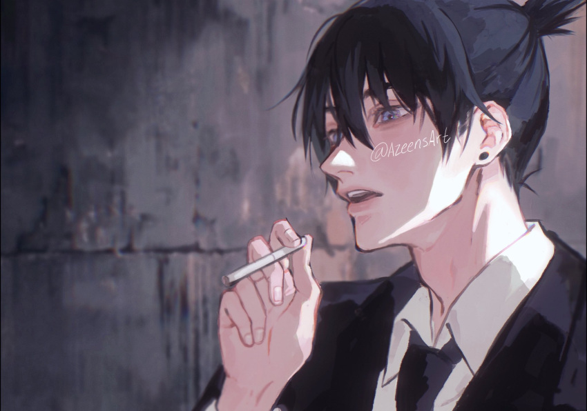 1boy artist_name azeen bangs black_hair black_jacket black_necktie blue_eyes blurry blurry_background chainsaw_man cigarette collared_shirt ear_piercing eyelashes formal hair_between_eyes hayakawa_aki highres holding holding_cigarette jacket male_focus necktie open_mouth outdoors piercing scene_reference shirt solo suit teeth topknot twitter_username upper_teeth_only white_shirt