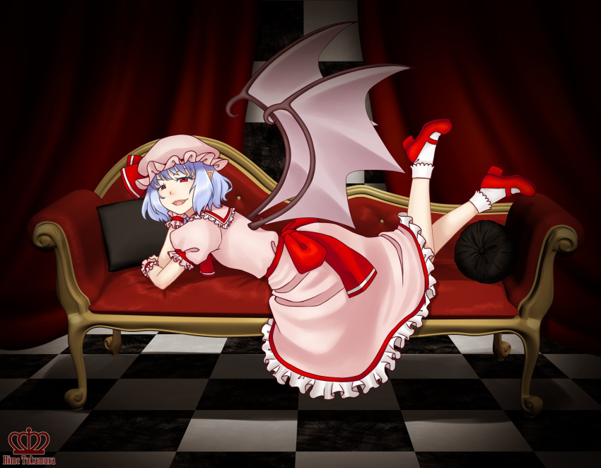 1girl artist_name bat_wings blue_hair checkered_floor commentary couch curtains dress english_commentary from_side hat head_rest highres hime_takamura long_dress looking_at_viewer lying medium_hair mob_cap on_stomach pillow pink_dress pointy_ears red_curtains red_eyes remilia_scarlet solo the_pose touhou watermark wings wrist_cuffs