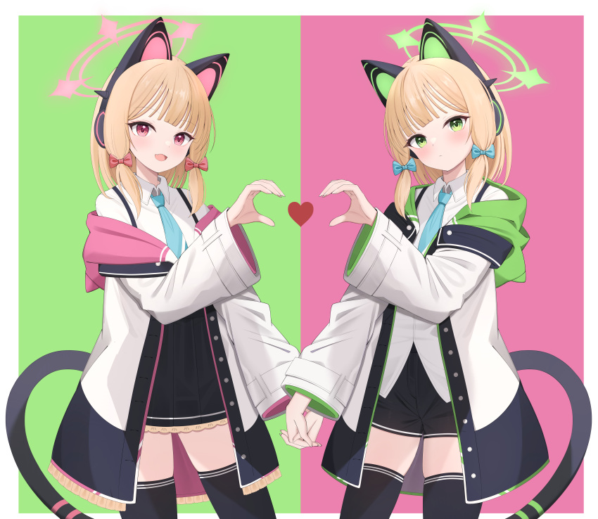 2girls absurdres animal_ear_headphones animal_ears aqua_necktie black_thighhighs blonde_hair blue_archive blush bow cat_ears cat_tail contrast fake_animal_ears hair_bow halo headphones heart heart_hands heart_hands_duo highres hiyayo25 holding_hands looking_at_viewer midori_(blue_archive) momoi_(blue_archive) multiple_girls necktie polar_opposites siblings sidelocks simple_background sisters smile symmetry tail thigh-highs twins zettai_ryouiki
