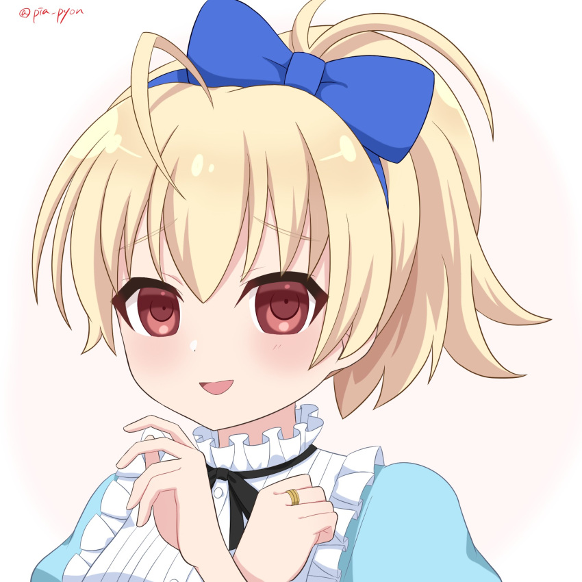1girl ahoge alice_(alice_in_wonderland) alice_(alice_in_wonderland)_(cosplay) alice_in_wonderland andou_tazusa assault_lily bangs black_ribbon blonde_hair blue_bow blue_hairband blue_shirt bow bow_hairband buttons commentary_request cosplay frilled_shirt frilled_shirt_collar frills gradient_background hair_bow hairband hands_up high_ponytail highres jewelry light_blush looking_at_viewer neck_ribbon official_alternate_costume parted_lips piatin pink_background ponytail portrait puffy_sleeves raised_eyebrows red_eyes ribbon ring shirt short_hair smile solo twitter_username two-tone_shirt white_background