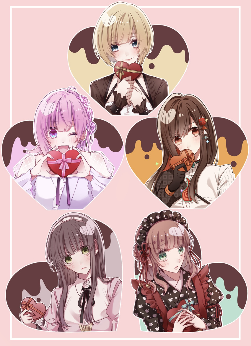 5girls aiaiharuharu blonde_hair blue_eyes box brown_hair ceres_(shuuen_no_virche) character_request collar_x_malice copyright_request enma_rin green_eyes heart heart-shaped_box highres hoshino_ichika_(collar_x_malice) long_hair looking_at_viewer multicolored_hair multiple_girls otomate pink_hair red_eyes shuuen_no_virche tengoku_struggle valentine violet_eyes