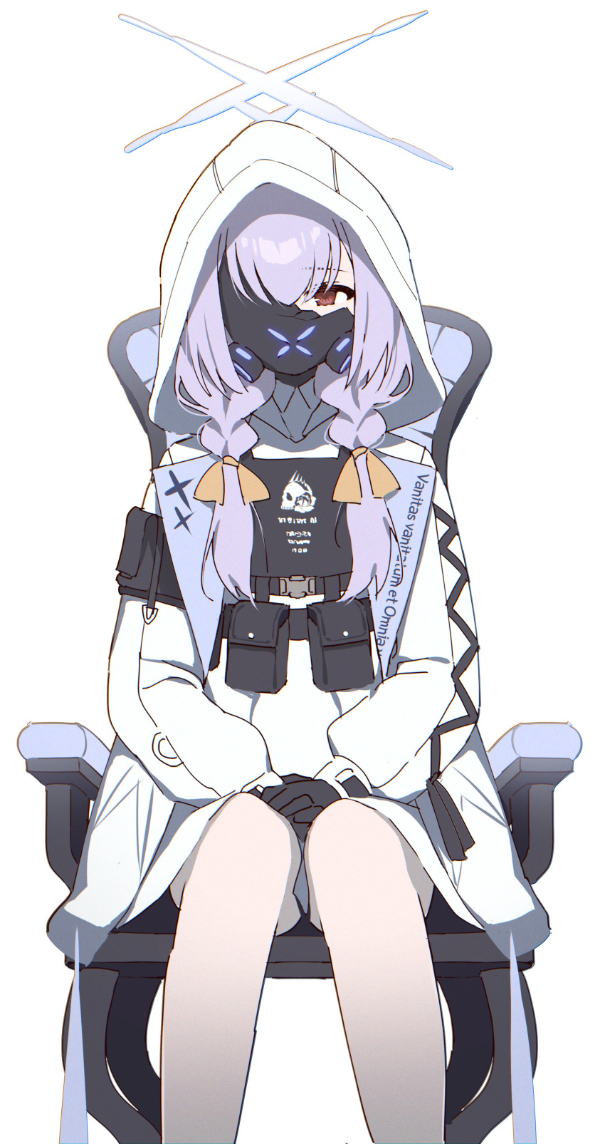 1girl absurdres atsuko_(blue_archive) bare_legs black_gloves blanchat blue_archive braid broken_mask brown_eyes chair commentary_request feet_out_of_frame gas_mask gloves hair_ribbon halo head_tilt highres hood hood_up hooded_jacket jacket knees_together_feet_apart latin_text light_purple_hair long_sleeves looking_at_viewer mask on_chair plate_carrier pouch ribbon simple_background sitting solo twin_braids white_background white_hood white_jacket yellow_ribbon