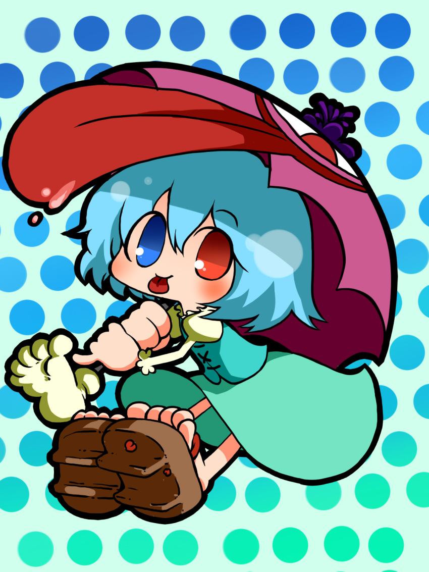 1girl bangs black_outline blue_background blue_eyes blue_hair blue_skirt blue_vest blush chibi closed_mouth commentary_request full_body geta hair_between_eyes heterochromia highres holding holding_umbrella iwaserie juliet_sleeves karakasa_obake long_sleeves looking_at_viewer outline polka_dot polka_dot_background puffy_sleeves red_eyes shirt short_hair skirt smile solo tatara_kogasa toes tongue tongue_out touhou umbrella vest white_shirt