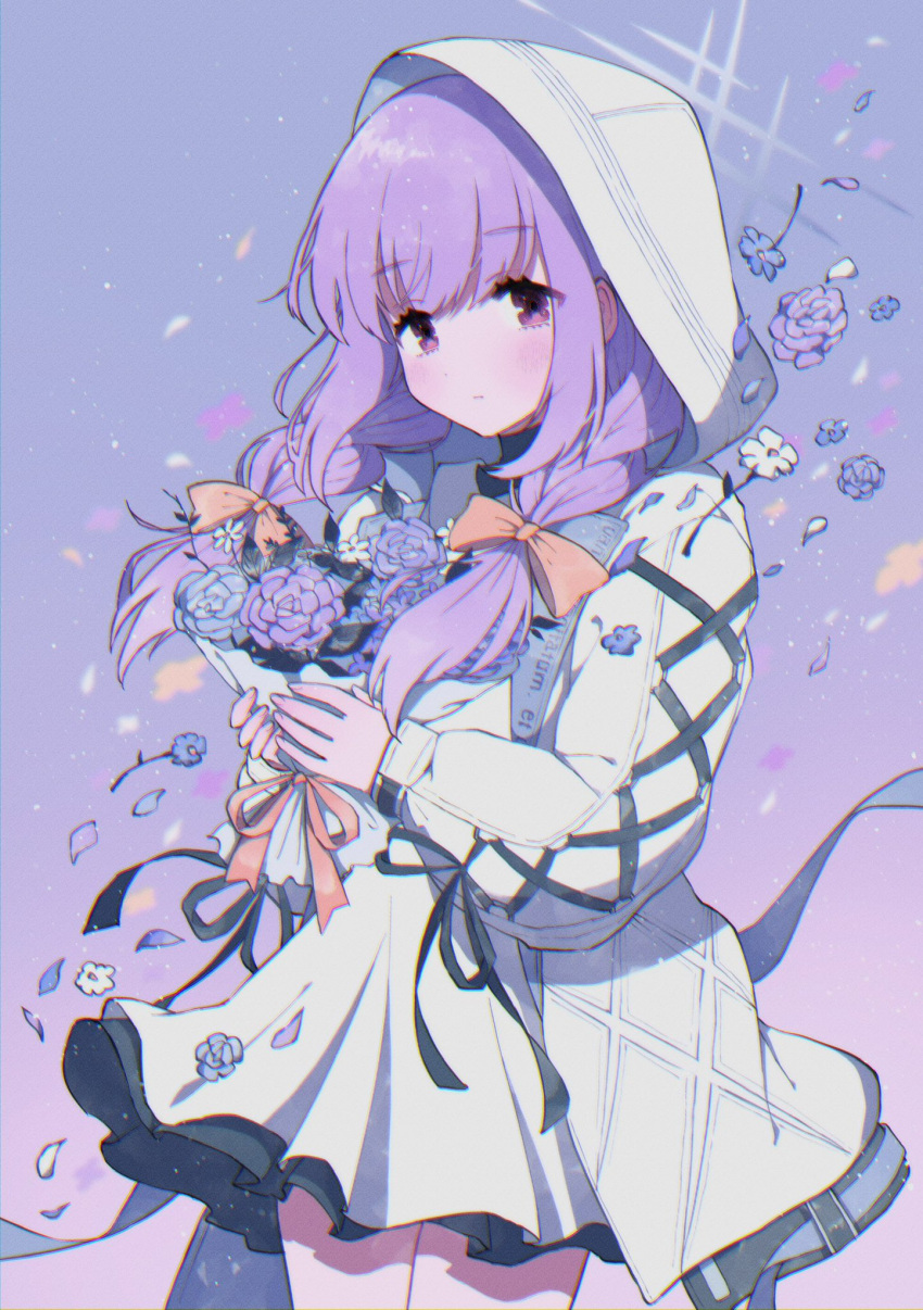 1girl atsuko_(blue_archive) blue_archive bouquet bow braid cross-laced_clothes cross-laced_sleeves dress flower gradient_background hair_bow halo highres holding holding_bouquet hood hood_up hooded_jacket jacket low_twin_braids maumauma_mau pink_hair purple_background red_eyes solo twin_braids white_dress white_hood white_jacket