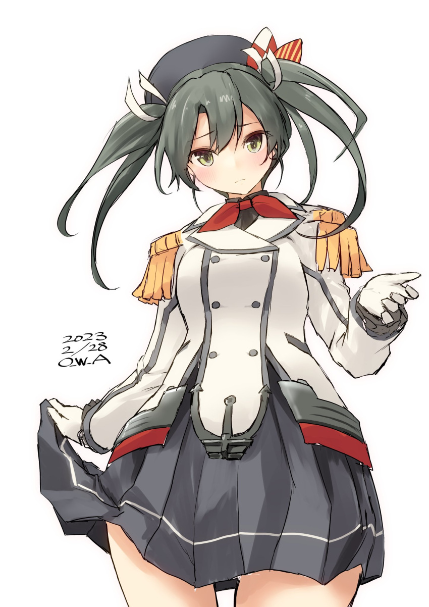 1girl artist_name beret breasts buttons cosplay cowboy_shot dark_green_hair dated double-breasted epaulettes frilled_sleeves frills gloves green_eyes grey_skirt hair_ribbon hat highres jacket kantai_collection kashima_(kancolle) kashima_(kancolle)_(cosplay) long_hair military military_jacket military_uniform miniskirt neckerchief owa_(ishtail) pleated_skirt red_neckerchief ribbon simple_background skirt skirt_hold small_breasts solo twintails uniform white_background white_gloves white_jacket white_ribbon zuikaku_(kancolle)