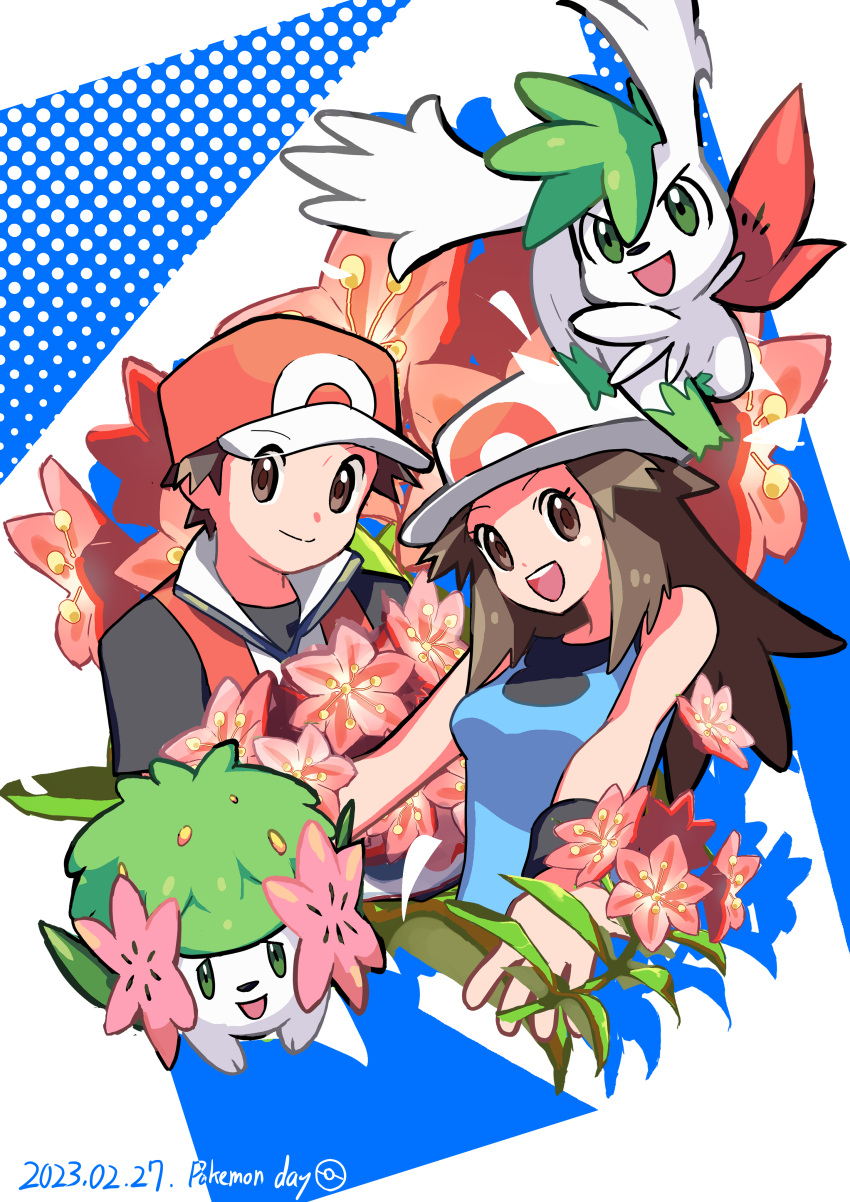 absurdres baseball_cap black_shirt blue_shirt brown_eyes brown_hair closed_mouth dated flower green_eyes hair_flaps hat highres jacket leaf_(pokemon) long_hair open_hand open_mouth outstretched_arms pokefia pokemon polka_dot polka_dot_background red_(pokemon) red_jacket shaymin shirt short_hair sleeveless sleeveless_shirt v-shaped_eyebrows