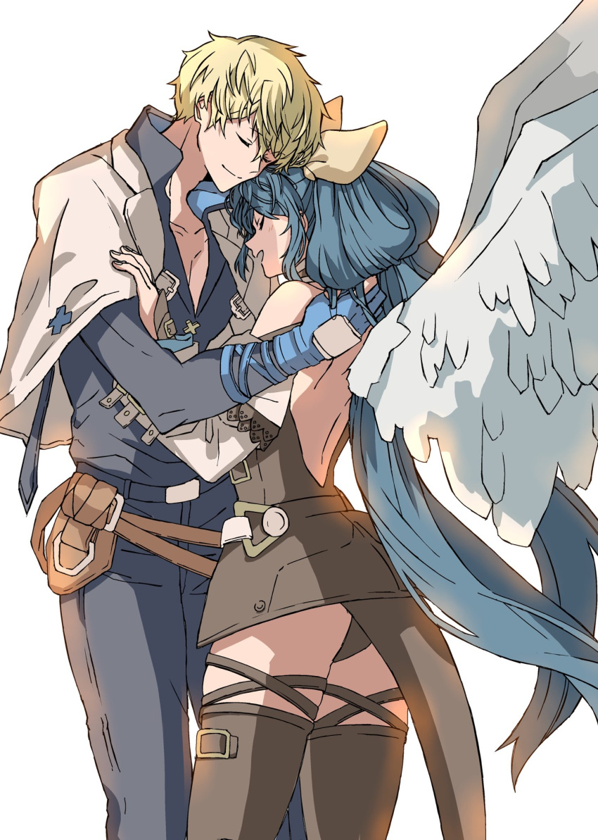 1boy 1girl angel_wings blonde_hair blue_gloves blue_hair bow closed_eyes couple dizzy_(guilty_gear) gloves guilty_gear guilty_gear_strive guilty_gear_xrd hair_bow hair_rings height_difference highres hug husband_and_wife ktknpdy ky_kiske long_hair long_sleeves ribbon short_hair tail very_long_hair wings yellow_ribbon