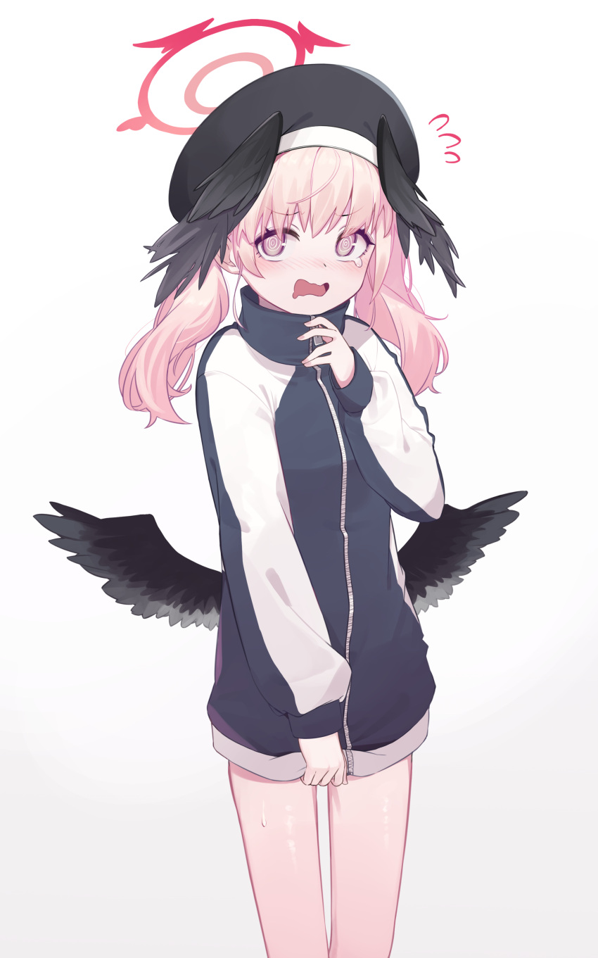 1girl @_@ absurdres bangs black_wings blue_archive chance_(artist) commentary_request drooling feathered_wings gym_uniform hair_between_eyes halo hat head_wings highres jacket koharu_(blue_archive) long_hair long_sleeves looking_at_viewer official_alternate_costume pink_eyes pink_hair school_hat sidelocks simple_background solo track_jacket twintails white_background wings
