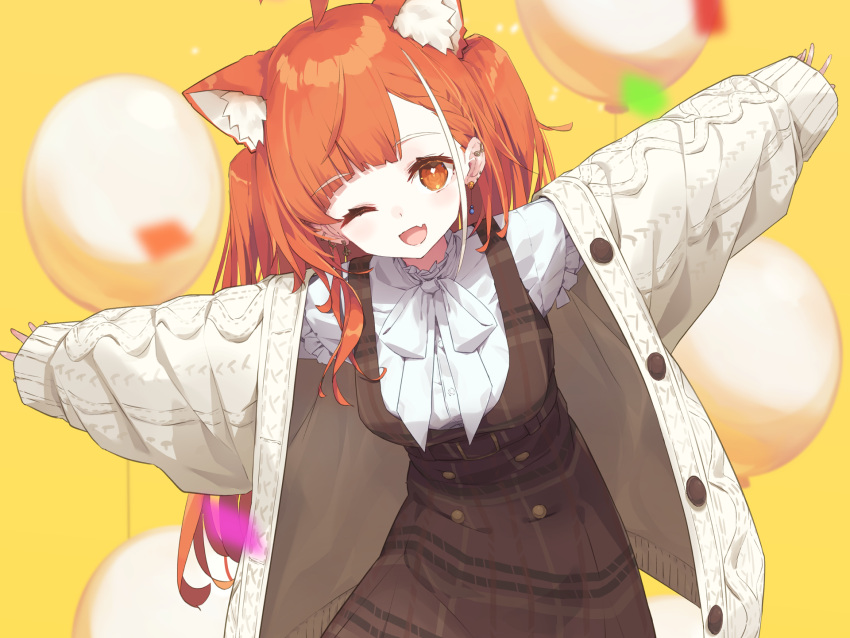 1girl ahoge animal_ear_fluff aran_sweater balloon bow breasts brown_dress cable_knit cardigan commentary_request confetti dress fang hair_ornament highres long_hair long_sleeves looking_at_viewer medium_breasts nijisanji one_eye_closed open_cardigan open_clothes open_mouth orange_eyes orange_hair outstretched_arms plaid plaid_dress ratna_petit rb2 red_panda_ears red_panda_girl shirt skin_fang sleeves_past_wrists smile solo sweater virtual_youtuber white_bow white_shirt white_sweater x_hair_ornament yellow_background