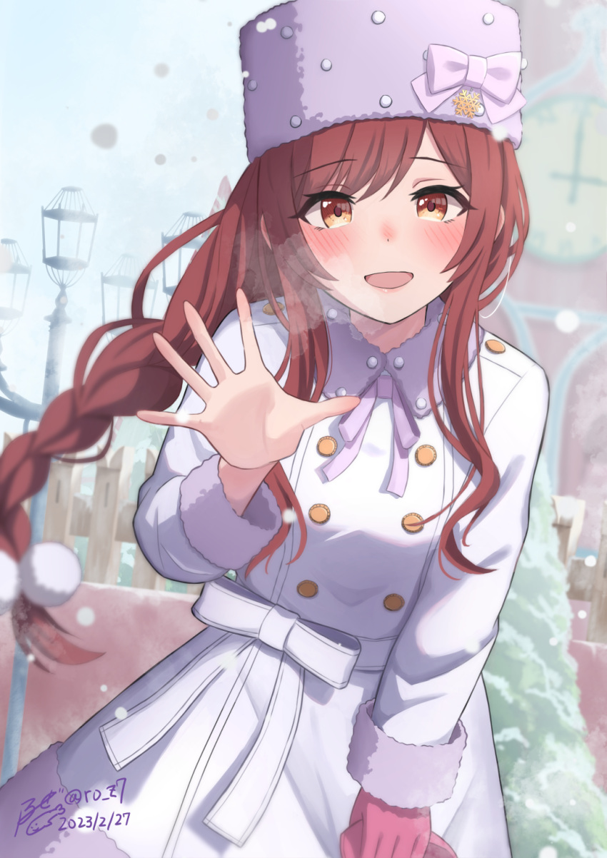 1girl bangs blush braid breath coat cold fur_hat gloves hampem7 hat hat_ribbon highres idolmaster idolmaster_shiny_colors long_hair long_sleeves looking_at_viewer official_alternate_costume official_alternate_hairstyle open_mouth osaki_amana papakha pink_headwear redhead ribbon single_braid single_glove smile snowing solo standing swept_bangs trench_coat waving white_coat winter winter_clothes yellow_eyes