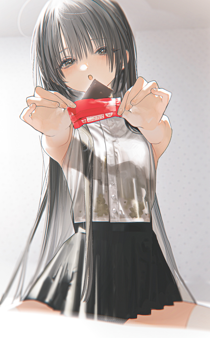 1girl :o absurdres bare_shoulders black_skirt blush chocolate commentary_request food giving grey_eyes grey_hair grey_shirt highres holding holding_chocolate holding_food honnryou_hanaru incoming_food indoors long_hair open_mouth original pleated_skirt ruri_honjou shirt sitting skirt sleeveless sleeveless_shirt solo thigh-highs very_long_hair white_thighhighs