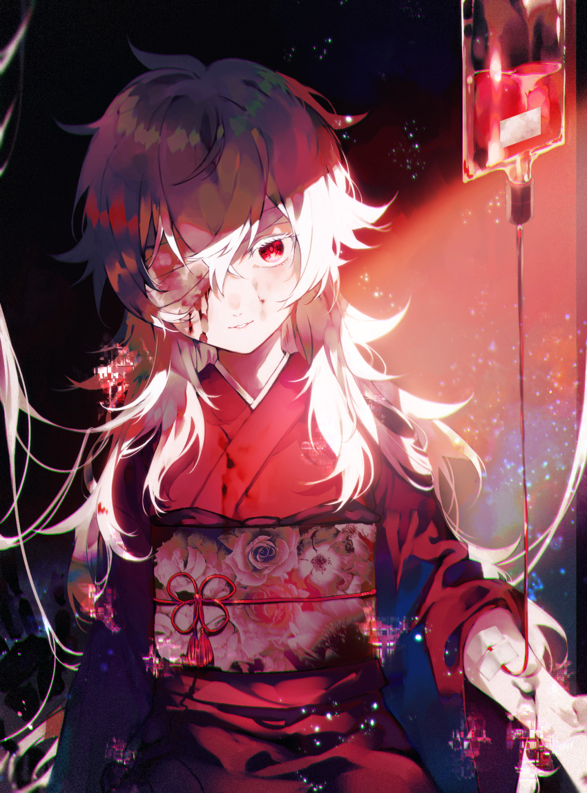 1girl bandaged_head bandages blood blood_on_face colored_eyelashes haine_(summertime_render) head_tilt highres japanese_clothes kimono long_hair looking_at_viewer lor_(roasyerizyonirapi) messy_hair obi parted_lips red_eyes red_kimono sash sitting solo summertime_render white_hair