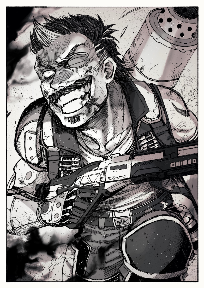 1boy absurdres animification apex_legends belt blood blood_on_face bullet crazy_smile eyepatch facial_hair fuse_(apex_legends) greyscale gun hair_behind_ear highres holding holding_gun holding_weapon m1904_mastiff male_focus mechanical_arms monochrome multicolored_hair mustache one_eye_covered pants shiba_shiba shirt short_hair shotgun single_mechanical_arm solo soul_patch streaked_hair v-shaped_eyebrows vest weapon weapon_on_back