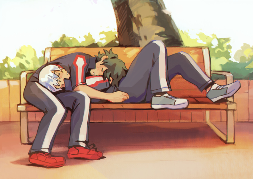 2boys bench blue_jacket blue_pants boku_no_hero_academia closed_eyes commentary commission day english_commentary fenkko freckles full_body green_hair gym_uniform head_on_chest jacket lying male_focus midoriya_izuku multiple_boys on_back on_bench outdoors pants park_bench parted_lips red_footwear redhead shoes short_hair sitting sleeping sleeping_on_person todoroki_shouto u.a._gym_uniform white_hair