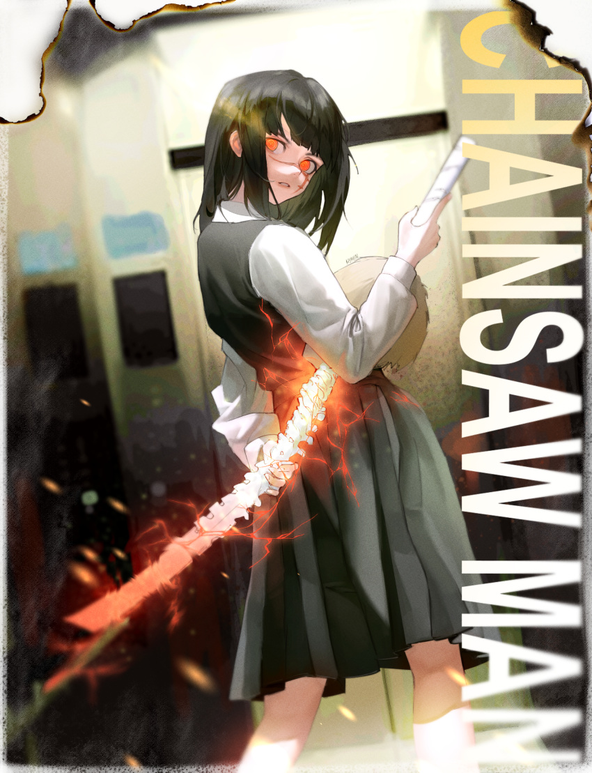 1girl absurdres arm_behind_back black_hair black_skirt black_vest chainsaw_man clip_studio_paint_(medium) cross_scar disembodied_head electricity fourth_east_high_school_uniform from_behind highres holding holding_weapon hymin long_hair looking_back orange_eyes orange_hair reverse_grip ringed_eyes scar scar_on_cheek scar_on_face school_uniform shirt skirt solo spine turning_head vest war_devil_(chainsaw_man) weapon white_shirt yoru_(chainsaw_man)