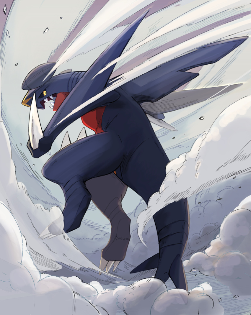 absurdres claws dust_cloud fang fang_out fangs floating from_behind full_body garchomp highres looking_back momota_pix no_humans open_mouth pokemon pokemon_(creature) sharp_teeth teeth tongue yellow_eyes