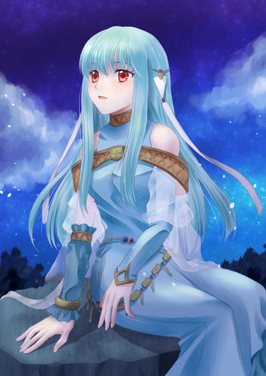 1girl aqua_hair asymmetrical_sleeves bangs bare_shoulders blue_dress blue_sky blue_sleeves bracelet breasts clouds detached_sleeves dress eyelashes fire_emblem fire_emblem:_the_blazing_blade ha_(pixiv2276) hair_between_eyes highres jewelry long_hair long_sleeves medium_breasts multicolored_sky ninian_(fire_emblem) purple_sky red_eyes red_pupils rock sitting sitting_on_rock sky solo straight_hair uneven_sleeves