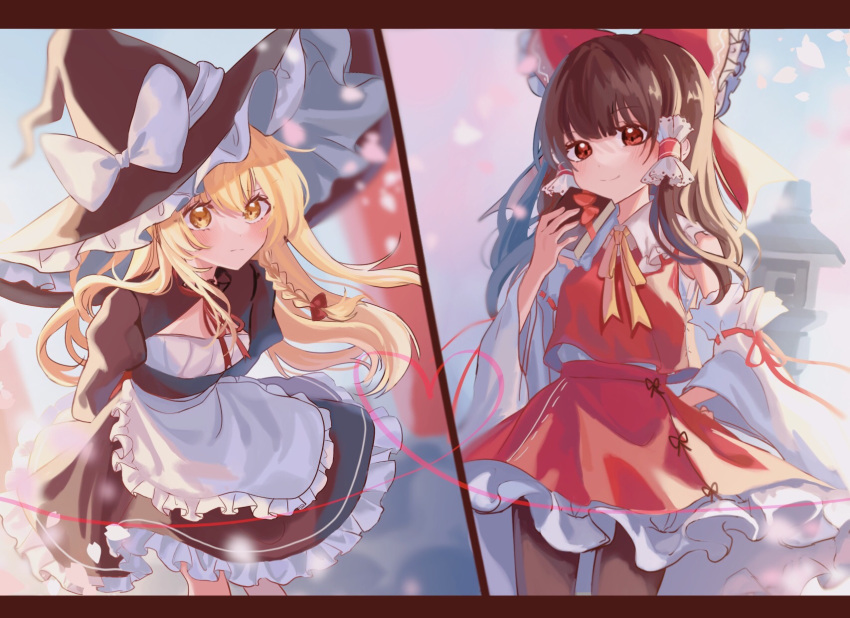2girls apron arms_behind_back black_dress black_headwear black_pantyhose blonde_hair bow braid brown_hair closed_mouth commentary_request cowboy_shot dress expressionless feet_out_of_frame frilled_apron frilled_skirt frills gift hair_bow hakurei_reimu hand_on_hip hat hat_bow heart heart_of_string highres holding holding_gift juliet_sleeves kirisame_marisa long_hair long_sleeves looking_at_viewer multiple_girls pantyhose puffy_sleeves red_bow red_eyes red_skirt red_vest single_braid skirt smile split_mouth split_screen touhou vest white_apron white_bow witch_hat yellow_eyes yomogi_9392