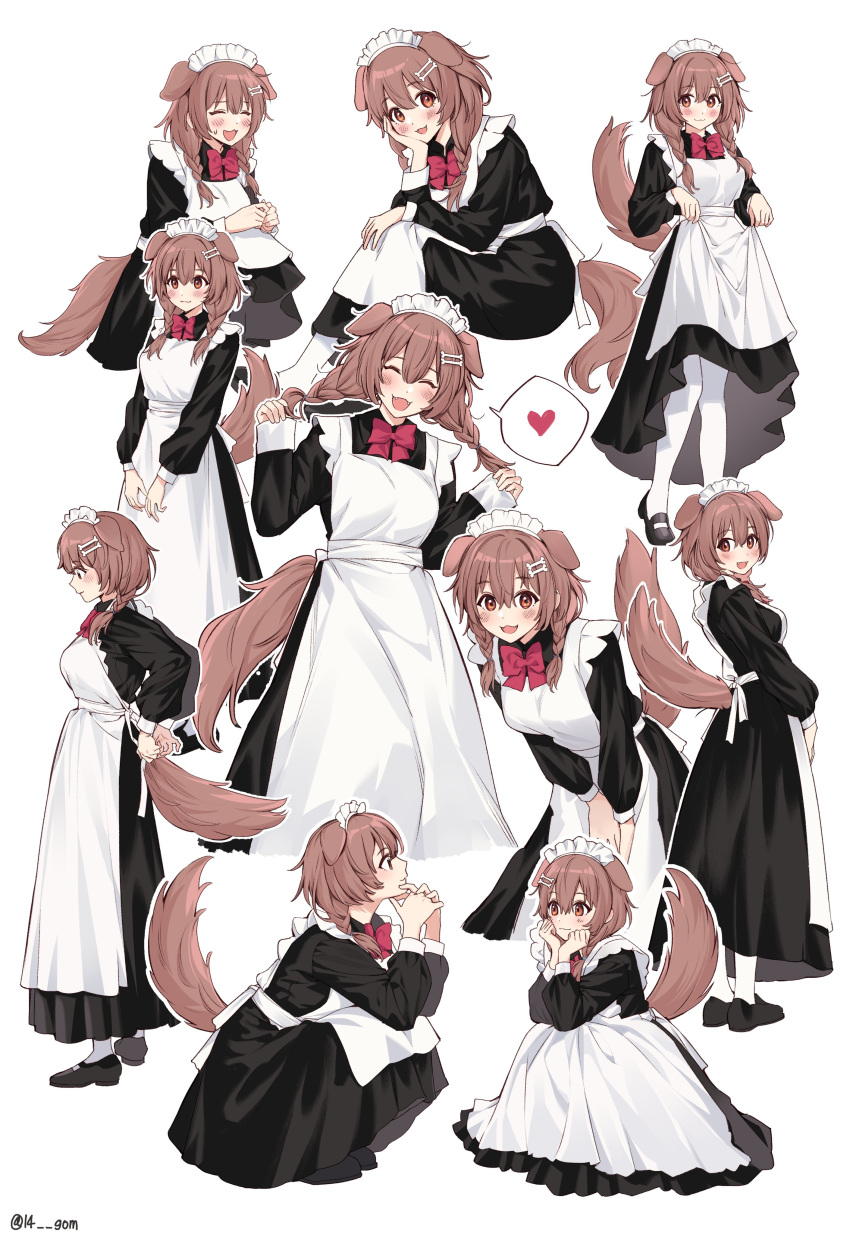 14_(vision5032) 1girl absurdres alternate_costume animal_ears apron black_dress black_footwear bone_hair_ornament braid brown_eyes brown_hair commentary dog_ears dog_girl dog_tail dress enmaided fangs full_body hair_ornament heart highres hololive inugami_korone leaning_forward long_dress long_sleeves maid maid_apron maid_headdress mary_janes multiple_views neck_ribbon open_mouth red_ribbon ribbon shoes smile socks spoken_heart squatting standing tail twin_braids twintails virtual_youtuber white_apron white_socks