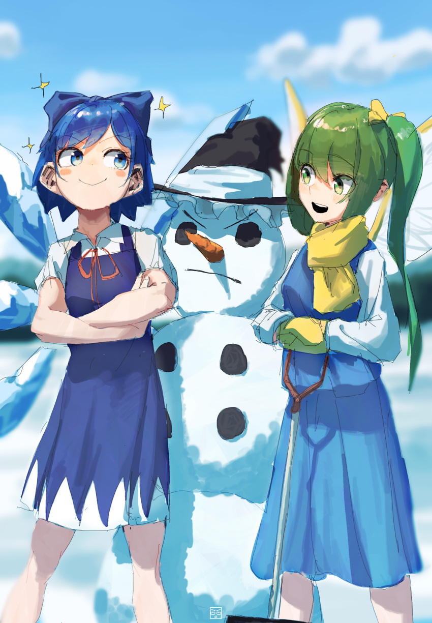 2girls blast-7 blue_bow blue_dress blue_eyes blue_hair blush_stickers bow carrot cirno closed_mouth collared_shirt crossed_arms daiyousei dress green_eyes green_hair hair_bow hat highres holding holding_shovel long_hair long_sleeves mittens multiple_girls open_mouth red_ribbon ribbon scarf shirt short_hair short_sleeves shovel side_ponytail smile smug snowman touhou white_shirt witch_hat yellow_bow yellow_mittens yellow_scarf