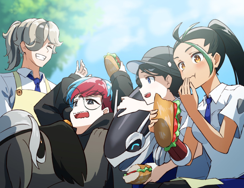 1boy 3girls :t apron arms_up arven_(pokemon) bangs black_hair black_hoodie black_pantyhose blue_hair blue_necktie blue_shorts blurry blurry_background blush brown_eyes closed_mouth collared_shirt commentary_request day eating food glasses green_hair grey_headwear hands_up hat highres holding holding_food hood hoodie hyoe_(hachiechi) juliana_(pokemon) lettuce long_sleeves mabosstiff miraidon multicolored_hair multiple_girls necktie nemona_(pokemon) open_mouth outdoors pantyhose pantyhose_under_shorts penny_(pokemon) pokemon pokemon_(creature) pokemon_(game) pokemon_sv ponytail redhead round_eyewear sandwich shirt short_hair short_sleeves shorts teeth tomato tomato_slice tongue two-tone_hair upper_teeth_only white_shirt yellow_apron