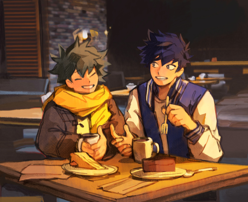 2boys black_hair black_jacket boku_no_hero_academia cake cake_slice closed_eyes commentary commission cup english_commentary fenkko food fork green_hair holding holding_cup holding_fork indoors jacket letterman_jacket long_sleeves looking_at_viewer making-of_available male_focus midoriya_izuku mug multiple_boys no_freckles plate restaurant scarf shindou_you short_hair sitting smile spoon table yellow_scarf