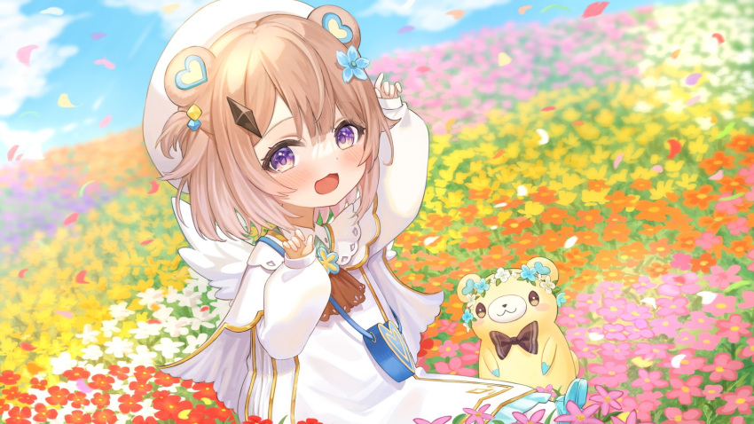 1girl :3 :d animal_ears arm_up artist_request bag bear_ears bear_girl beret blue_flower blue_footwear blush capelet cube_hair_ornament diamond_hair_ornament dress falling_petals feathered_wings field flower flower_field hachi_(mireille_kuuma) hair_between_eyes hair_flower hair_ornament hat heart-shaped_bag highres jabot light_brown_hair long_sleeves looking_at_viewer medium_hair mini_wings mireille_kuuma petals puffy_long_sleeves puffy_sleeves shoes shoulder_bag sitting smile stuffed_animal stuffed_toy teddy_bear two_side_up violet_eyes virtual_youtuber wactor_production white_capelet white_dress white_headwear white_wings wings