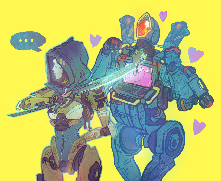 ... 1boy 1girl an_gen_lizi android apex_legends ash_(titanfall_2) blue_leotard chinese_commentary heart highres holding holding_sword holding_weapon hood hood_up hooded_leotard humanoid_robot leotard looking_up mouse one-eyed pathfinder_(apex_legends) robot science_fiction screen speech_bubble spoken_ellipsis sword weapon yellow_background