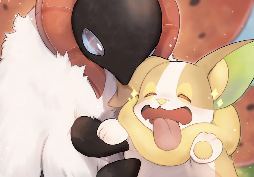 animal_focus closed_eyes commentary_request dog highres no_humans open_mouth pokemon pokemon_(creature) sparkle tongue tongue_out uchisaki_himari volcarona white_fur yamper