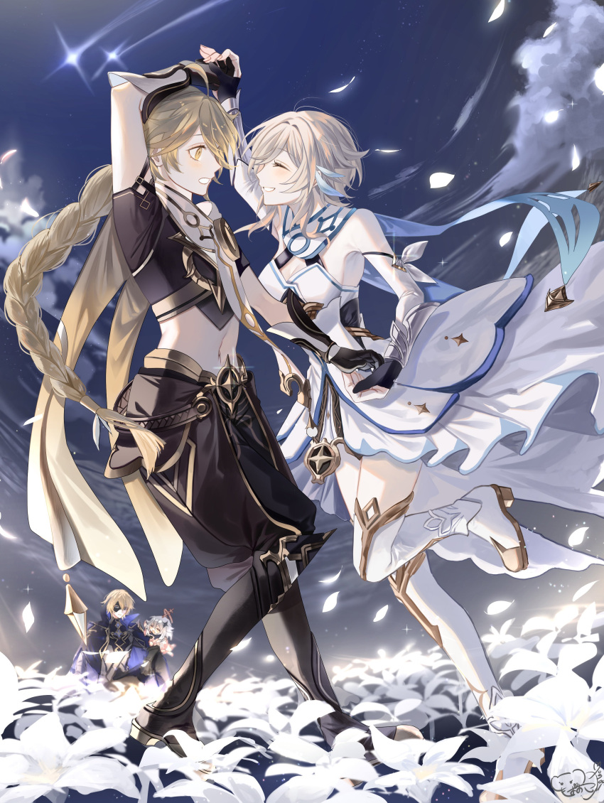 2boys 2girls absurdres aether_(genshin_impact) ahoge arm_up baggy_pants bangs bare_shoulders black_footwear black_gloves black_pants black_shirt black_sky blonde_hair blue_coat blue_gemstone blue_sky blush boots braid breasts brother_and_sister closed_eyes closed_mouth clouds cloudy_sky coat crystal_hair_ornament dainsleif_(genshin_impact) detached_sleeves dress feather_hair_ornament feathers fingernails flower flying gem genshin_impact gloves gradient_sky grey_hair grey_vest hair_between_eyes hair_ornament hair_ribbon halo hand_up hands_on_another's_shoulder highres leg_up long_hair long_sleeves looking_at_another lumine_(genshin_impact) mask medium_breasts mora_ga_nee multiple_boys multiple_girls navel night night_sky open_clothes open_coat open_mouth outdoors paimon_(genshin_impact) pants petals pink_dress pink_footwear puffy_long_sleeves puffy_sleeves ribbon scarf shirt short_hair short_hair_with_long_locks short_sleeves siblings sidelocks sky smile sparkle standing standing_on_one_leg star_(symbol) teeth two-tone_dress two-tone_footwear vest violet_eyes vision_(genshin_impact) white_dress white_flower white_footwear white_ribbon white_scarf yellow_eyes