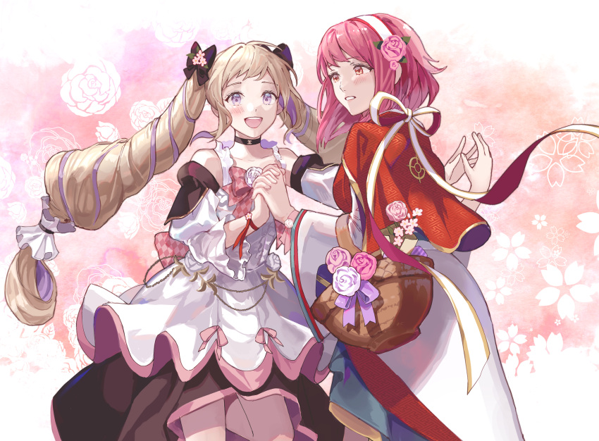 2girls :d ankle_boots basket blonde_hair blush boots bow choker collarbone detached_sleeves dress drill_hair elise_(fire_emblem) elise_(valentine)_(fire_emblem) fire_emblem fire_emblem_fates fire_emblem_heroes flower_bracelet hair_bow hairband highres holding holding_basket holding_hands japanese_clothes kimono long_hair multiple_girls official_alternate_costume open_mouth pink_background pink_eyes pink_hair purple_hair sakura_(fire_emblem) sakura_(valentine)_(fire_emblem) short_hair smile sobasakuhin teeth twintails very_long_hair violet_eyes white_background white_dress white_hairband white_kimono
