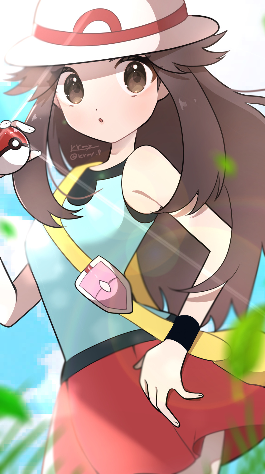 1girl absurdres bag black_wristband brown_eyes brown_hair bucket_hat commentary_request day green_shirt hair_flaps hand_up hat highres kurumiya_(krmy_p) leaf_(pokemon) long_hair looking_at_viewer outdoors pleated_skirt pokemon pokemon_(game) pokemon_frlg red_skirt shirt shoulder_bag signature skirt sleeveless sleeveless_shirt solo vs_seeker white_headwear wristband yellow_bag
