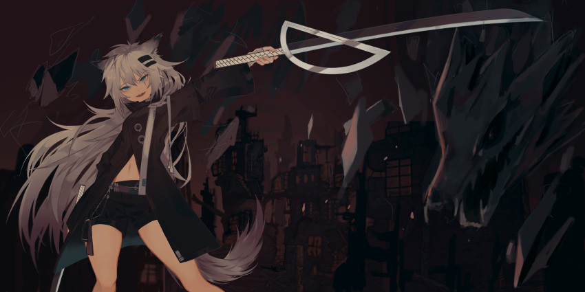 1girl :d absurdres animal_ears arknights bangs black_coat black_shorts coat cookie_(ppyf5328) dual_wielding grey_eyes grey_hair highres holding holding_sword holding_weapon lappland_(arknights) long_hair long_sleeves looking_at_viewer navel open_mouth scar scar_across_eye shorts smile solo sword tail very_long_hair weapon wolf_ears wolf_girl wolf_tail