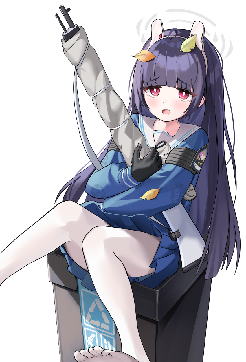 1girl absurdres animal_ears armband bangs black_gloves black_hair blue_archive blunt_bangs commentary_request fake_animal_ears gloves gun hairband halo highres holding holding_gun holding_weapon knees_together_feet_apart leaf leaf_on_head long_hair long_sleeves looking_at_viewer miyu_(blue_archive) pantyhose pleated_skirt rabbit_ears red_eyes rifle school_uniform serafuku sidelocks simple_background sitting skirt sniper_rifle solo trash_can weapon white_background zawa_(beat7327)