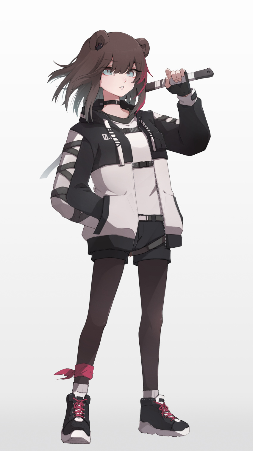 1girl absurdres alternate_costume animal_ears arknights bear_ears black_footwear black_gloves black_jacket black_pantyhose black_shorts blue_eyes brown_hair fingerless_gloves full_body gloves hand_in_pocket highres holding holding_sword holding_weapon if_f jacket long_hair long_sleeves looking_at_viewer multicolored_clothes multicolored_hair multicolored_jacket open_clothes open_jacket pantyhose parted_lips shoes shorts simple_background sneakers solo standing streaked_hair sword two-tone_hair two-tone_jacket weapon white_background white_jacket zima_(arknights)