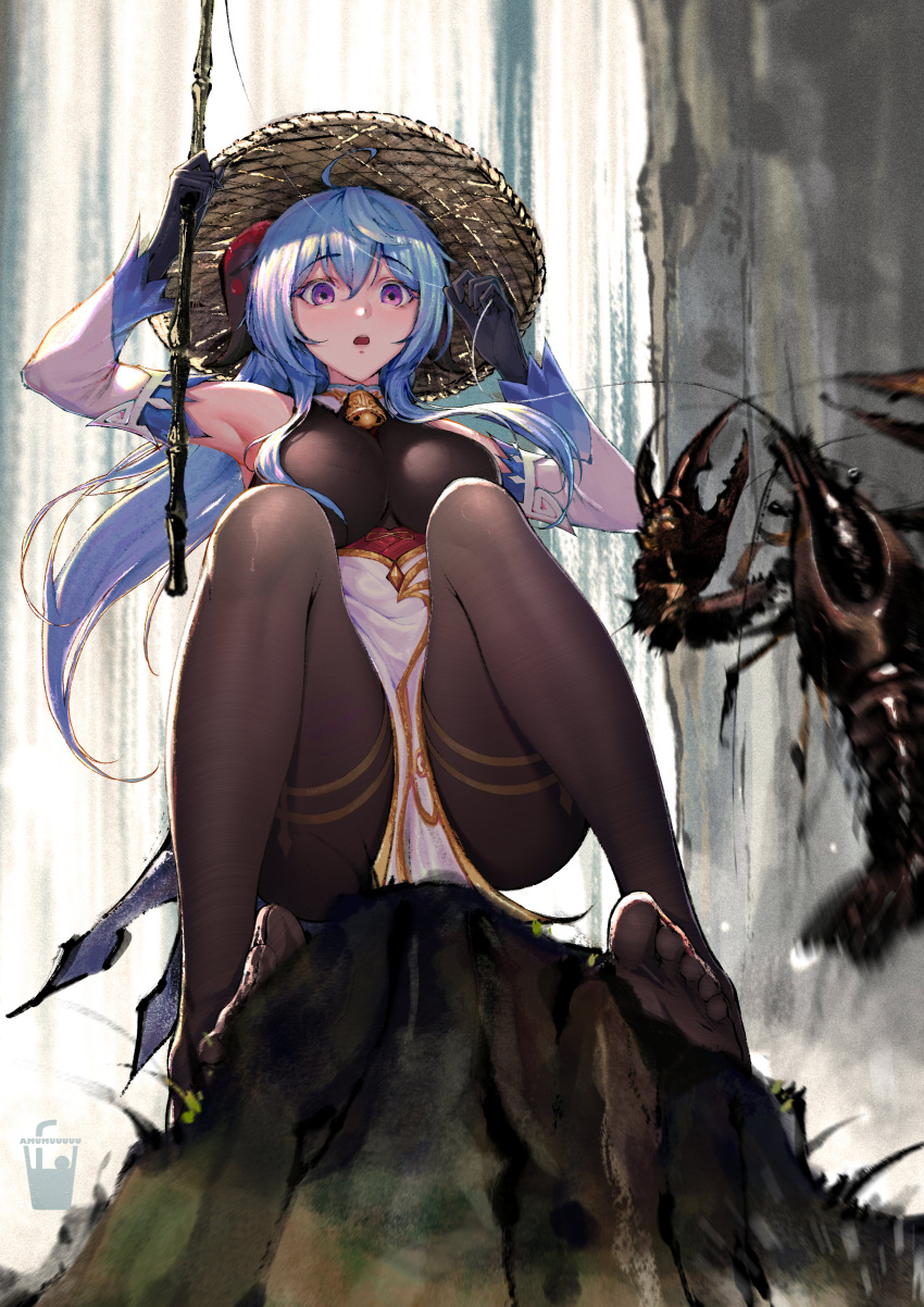 1girl absurdres ahoge artist_logo bangs bell black_bodysuit black_gloves black_pantyhose blue_hair bodysuit breasts cowbell detached_sleeves fishing_rod ganyu_(genshin_impact) genshin_impact gloves goat_horns hair_between_eyes hat highres holding holding_fishing_rod horns large_breasts lobster long_hair mumuy no_shoes open_mouth outdoors pantyhose pelvic_curtain sitting_on_rock straw_hat surprised toes violet_eyes water waterfall white_sleeves