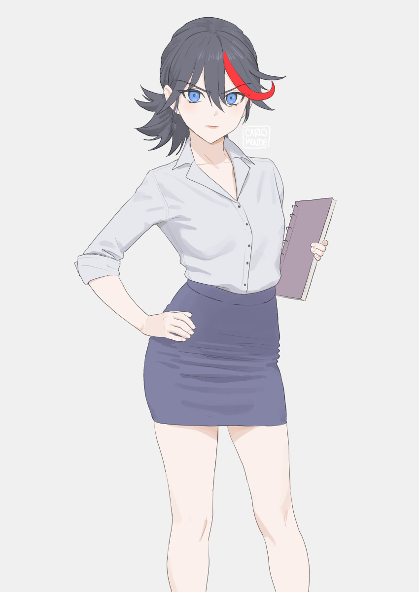 1girl absurdres alternate_costume black_hair blue_eyes blue_skirt buttons carlo_montie collared_shirt grey_background hand_on_hip highres holding holding_notebook kill_la_kill lipstick looking_at_viewer makeup matoi_ryuuko multicolored_hair notebook office_lady pencil_skirt redhead shirt shirt_tucked_in short_hair simple_background skirt solo streaked_hair white_background white_shirt