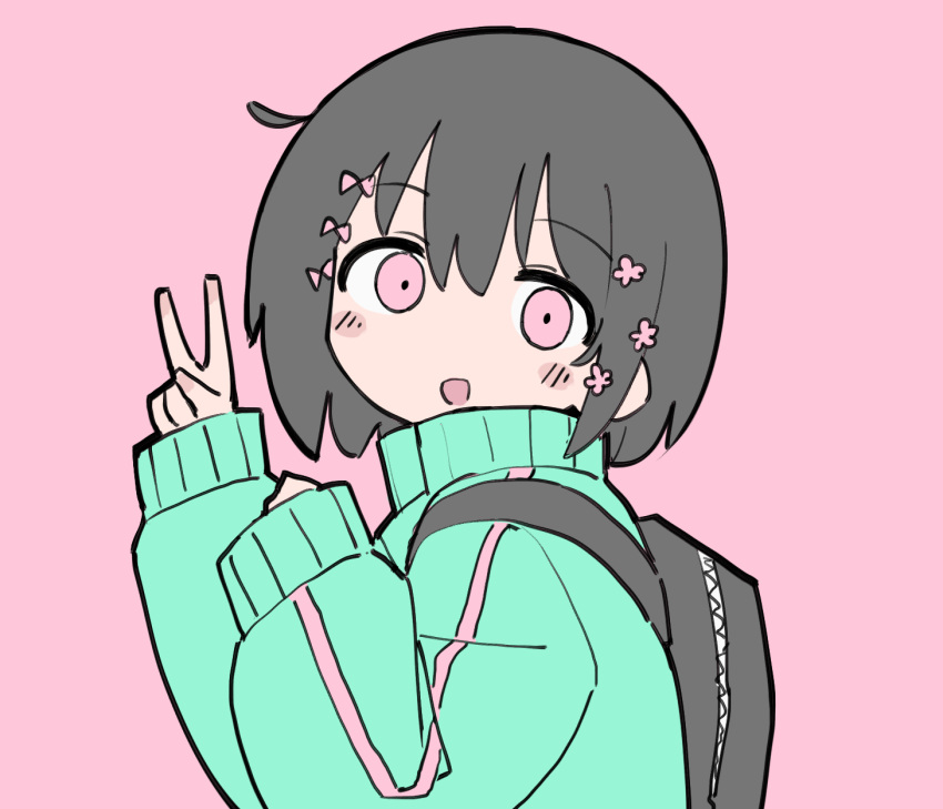 1girl backpack bag bangs black_bag black_hair blush_stickers bow clenched_hand flower from_side fusazakura green_jacket hair_bow hair_flower hair_ornament hands_up head_tilt high_collar highres jacket kyu-kurarin_(cevio) looking_at_viewer looking_to_the_side multiple_hair_bows open_mouth pink_background pink_bow pink_eyes pink_flower short_hair simple_background sleeves_past_wrists smile solo track_jacket upper_body v