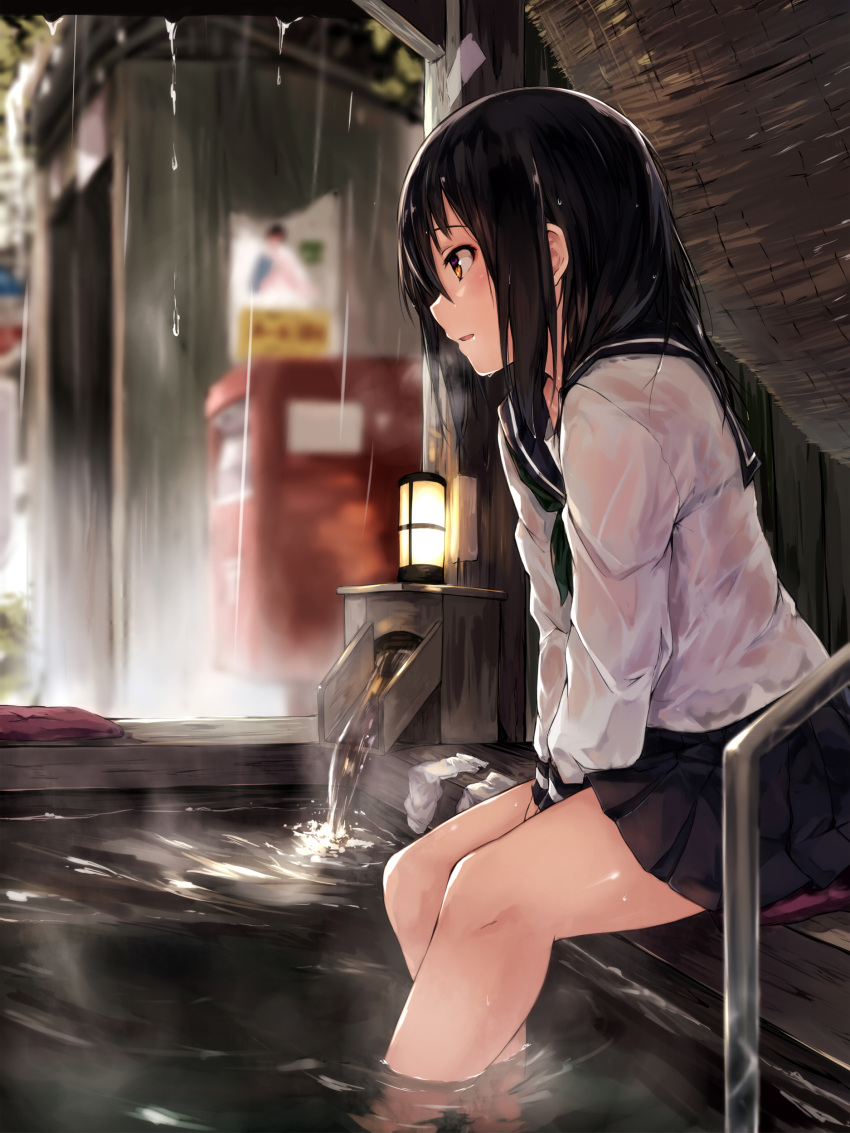 1girl absurdres ashiyu bathhouse bathing between_legs black_hair black_sailor_collar black_skirt blurry blurry_background blush commentary_request cushion duplicate feet_out_of_frame foot_bath from_side green_neckerchief hand_between_legs highres lantern leaning_forward long_sleeves maki_(maki_pei) medium_hair neckerchief open_mouth original outdoors pillow pixel-perfect_duplicate pleated_skirt postbox_(outgoing_mail) profile railing rain sailor_collar school_uniform serafuku shirt sitting sitting_on_pillow skirt smile soaking_feet socks socks_removed solo steam water wet wet_clothes wet_hair white_shirt zabuton