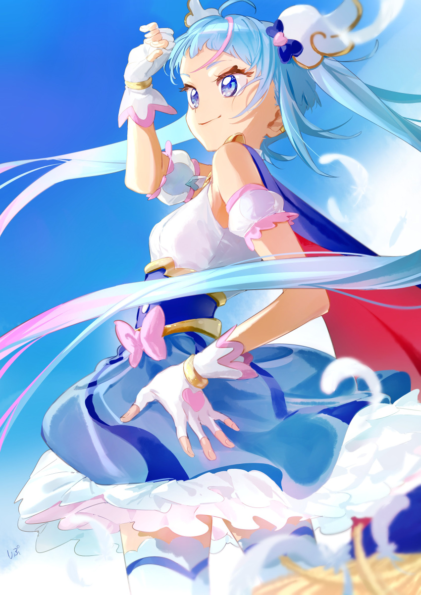 1girl absurdres ahoge blue_eyes blue_hair blue_skirt bow cape commentary cure_sky detached_sleeves fingerless_gloves gloves hand_on_hip highres hirogaru_sky!_precure magical_girl pink_bow precure puffy_detached_sleeves puffy_sleeves shipu_(gassyumaron) single_sidelock skirt smile sora_harewataru thigh-highs twintails two-sided_cape two-sided_fabric white_gloves white_thighhighs wing_hair_ornament