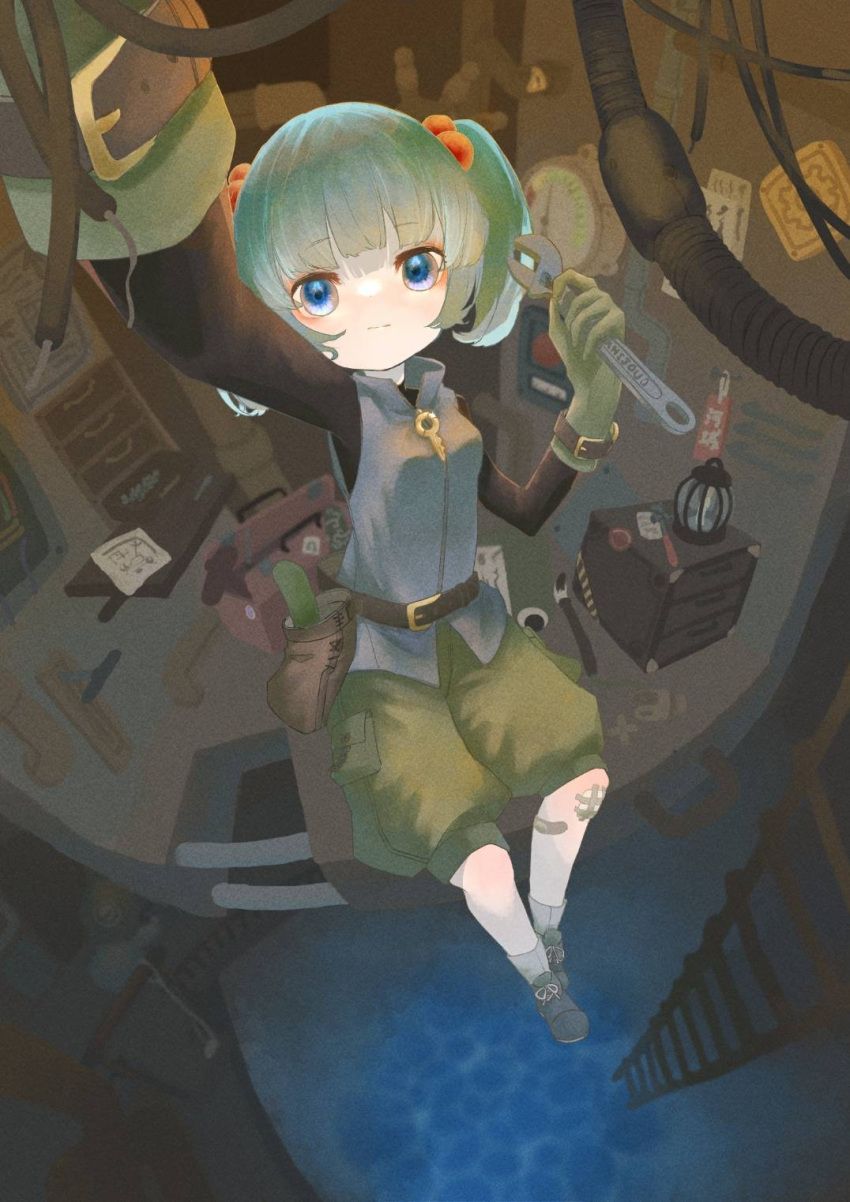 1girl aqua_hair arm_up bag belt belt_buckle black_belt black_footwear black_shirt blue_eyes blue_vest buckle closed_mouth commentary cucumber drawer full_body gloves green_gloves green_shorts grey_socks hair_bobbles hair_ornament hand_up highres holding holding_wrench industrial_pipe kawashiro_nitori key ladder lantern lever long_sleeves looking_at_viewer natomaki note satchel shirt shoes shorts sitting socks solo touhou twintails vest water wrench
