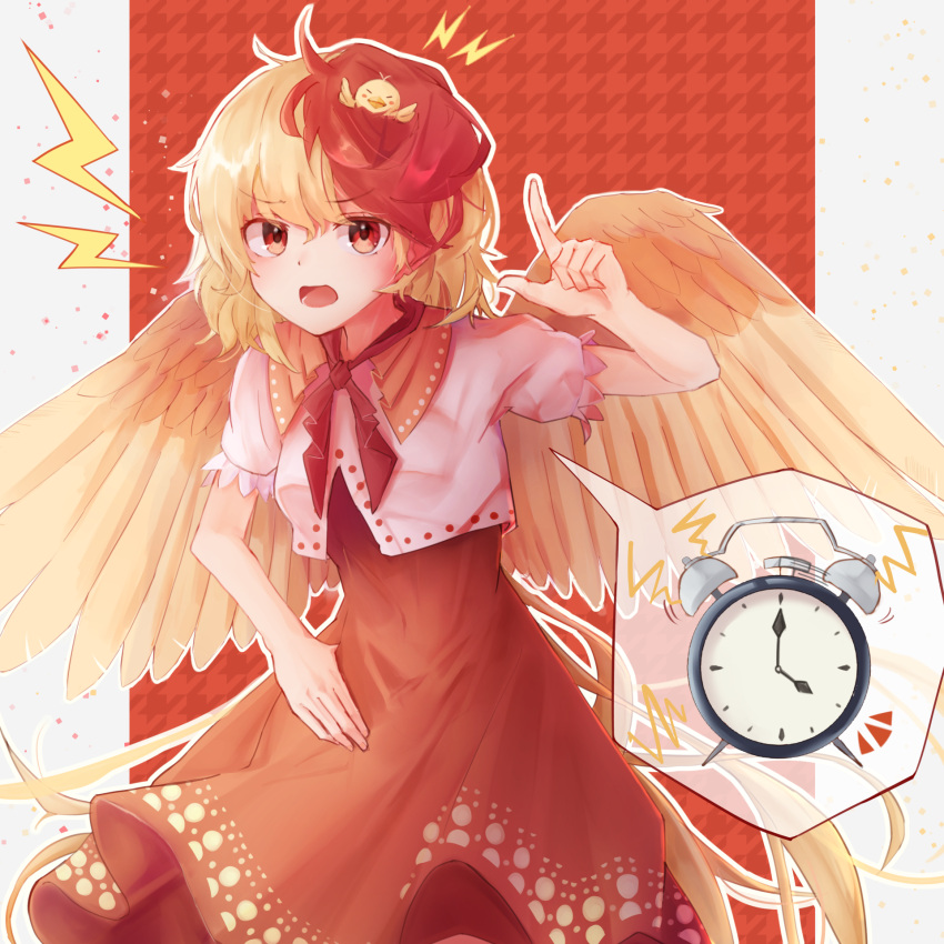 1girl animal_on_head bird bird_on_head bird_tail bird_wings blonde_hair chick commentary_request covered_navel dress feathered_wings hand_on_hip highres multicolored_hair neckerchief niwatari_kutaka on_head open_mouth orange_dress orange_eyes pointy_ears puffy_short_sleeves puffy_sleeves red_neckerchief redhead shirt short_sleeves solo speech_bubble spoken_object taguno tail tail_feathers touhou two-tone_hair upper_body white_shirt wings yellow_wings