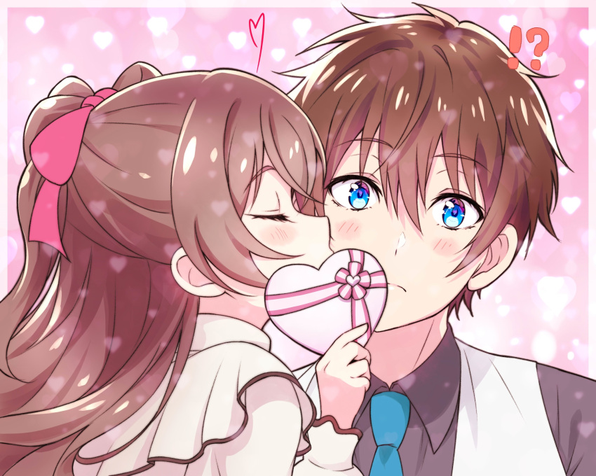 !? 1boy 1girl bangs black_hair blue_eyes blue_necktie box brown_hair closed_eyes closed_mouth commentary delicious_party_precure dress_shirt frown gift heart heart-shaped_box hetero highres holding holding_gift kiss kissing_cheek kyoutsuugengo long_hair long_sleeves looking_at_viewer nagomi_yui necktie precure red_ribbon ribbon shinada_takumi shirt short_hair two_side_up valentine vest white_shirt white_vest wing_collar