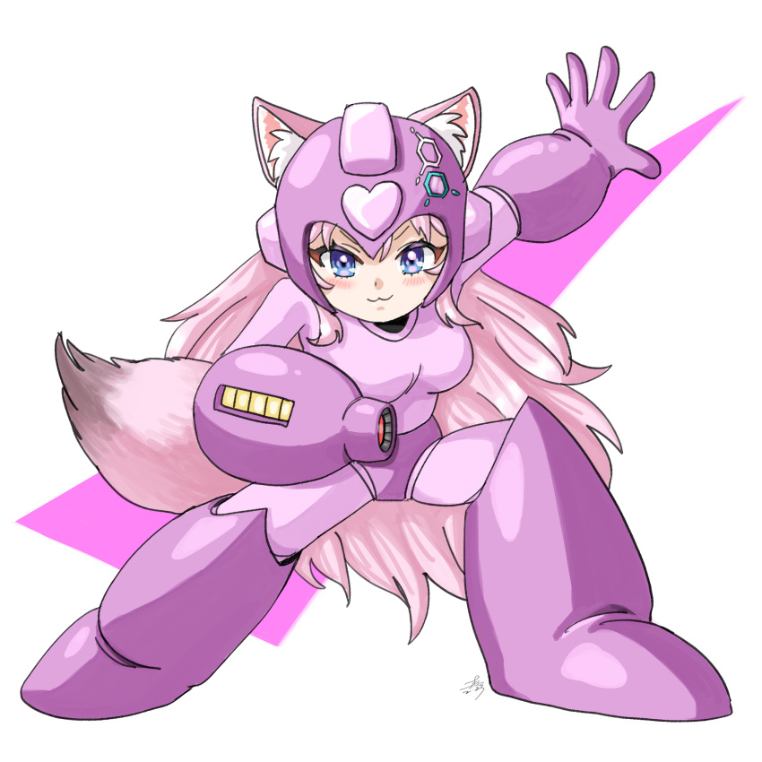 1girl :3 adapted_costume animal_ears arm_cannon blue_eyes breasts commentary_request cosplay forest_1988 full_body hakui_koyori helmet highres hololive medium_breasts mega_man_(character) mega_man_(character)_(cosplay) mega_man_(classic) mega_man_(series) pink_hair signature solo tail virtual_youtuber weapon wolf_ears wolf_girl wolf_tail