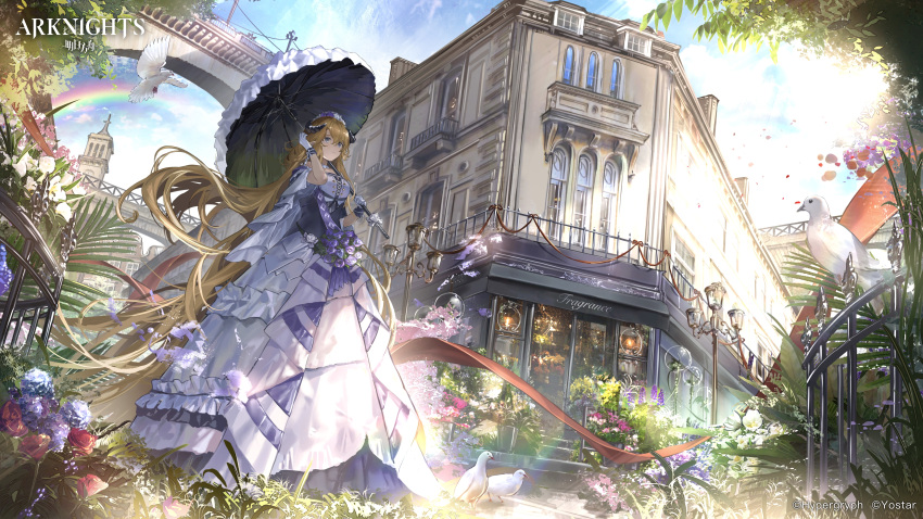 1girl absurdres arknights bangs bird blonde_hair blue_flower blue_rose blue_sky bridge building clouds cloudy_sky commentary day dress flower frilled_dress frills full_body gloves grass grey_eyes highres holding holding_sword holding_umbrella holding_weapon long_hair outdoors pink_flower purple_flower rainbow red_flower red_rose rose saileach_(arknights) sidelocks sky solo standing sword symbol-only_commentary tiara tower tree umbrella very_long_hair weapon white_dress white_gloves window yellow_flower zeklewa