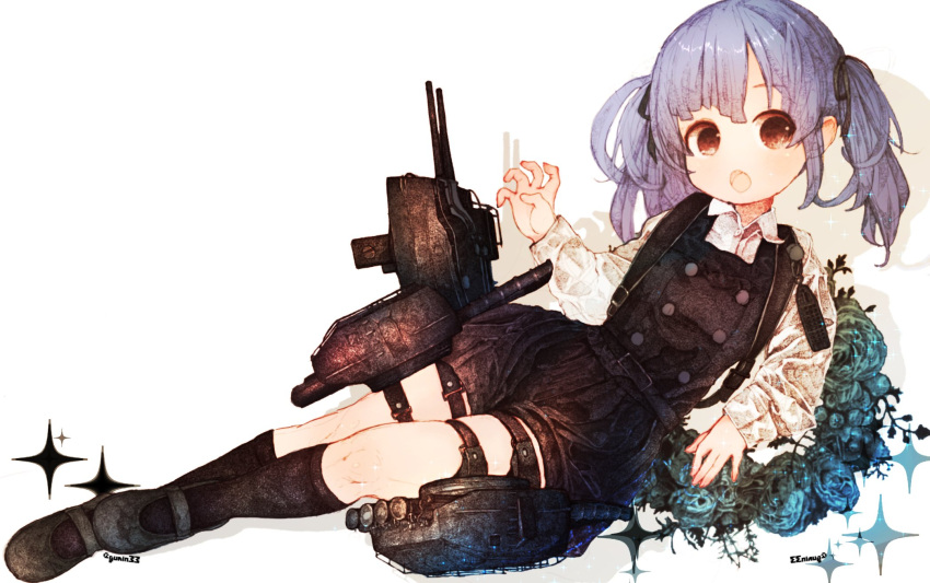 1girl bangs black_footwear blue_hair brown_eyes dress flower full_body gurin33 hair_ribbon highres kantai_collection kneehighs long_sleeves ooshio_(kancolle) ooshio_kai_ni_(kancolle) open_mouth pinafore_dress ribbon rigging shirt shoes simple_background socks solo sparkle twintails white_background white_shirt