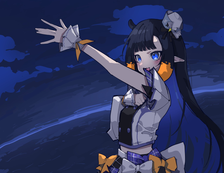 1girl absurdres asymmetrical_sleeves bangs black_hair black_skirt blue_eyes blunt_bangs bow bow_skirt buttons clouds crop_top cropped_shirt double-breasted english_commentary half-skirt hat highres hololive hololive_english hololive_idol_uniform hololive_idol_uniform_(bright) horizon idol long_hair mentally_deficient midriff mini_hat multicolored_hair ninomae_ina'nis official_alternate_costume open_mouth orange_bow orange_hair outdoors outstretched_arm plaid plaid_bow plaid_skirt pointy_ears shirt skirt sky smile solo tentacle_hair two-tone_hair uneven_sleeves upper_body very_long_hair virtual_youtuber white_bow white_headwear white_shirt white_skirt