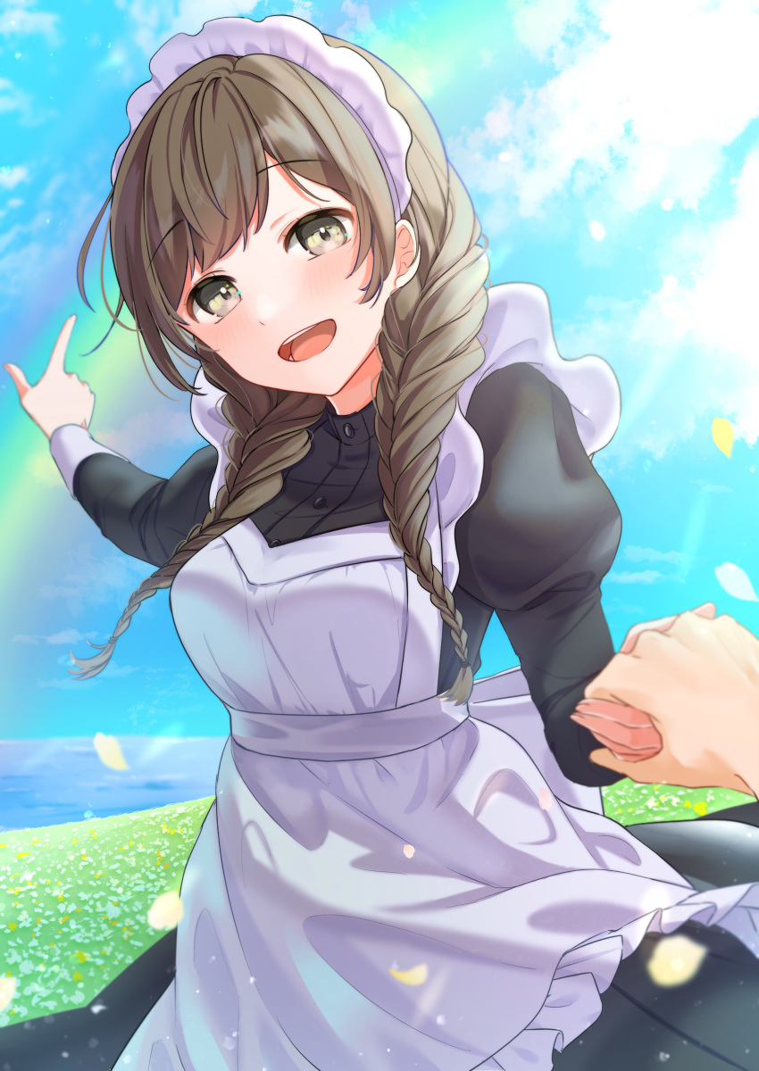 1girl :d absurdres apron bangs black_dress blue_sky blush braid breasts brown_eyes brown_hair buntason_(buritarooooo) commentary_request cowboy_shot day dress foreshortening frilled_apron frills highres holding_hands juliet_sleeves long_hair long_sleeves looking_at_viewer maid_headdress meadow medium_breasts open_mouth original outdoors petals pointing pov puffy_sleeves rainbow revision sky smile solo_focus twin_braids white_apron