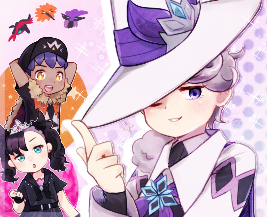1girl 2boys :d arm_behind_head bangs bede_(champion)_(pokemon) bede_(pokemon) black_headwear blush chibi commentary_request galarian_articuno galarian_moltres galarian_zapdos grey_hair hand_up hat hat_ribbon highres hop_(champion)_(pokemon) hop_(pokemon) index_finger_raised marnie_(champion)_(pokemon) marnie_(pokemon) multiple_boys official_alternate_costume one_eye_closed open_mouth parted_lips pokemon pokemon_(game) pokemon_masters_ex purple_hair purple_ribbon ribbon shira_mizu short_hair short_sleeves smile sparkle star_(symbol) violet_eyes white_headwear wizard_hat yellow_eyes