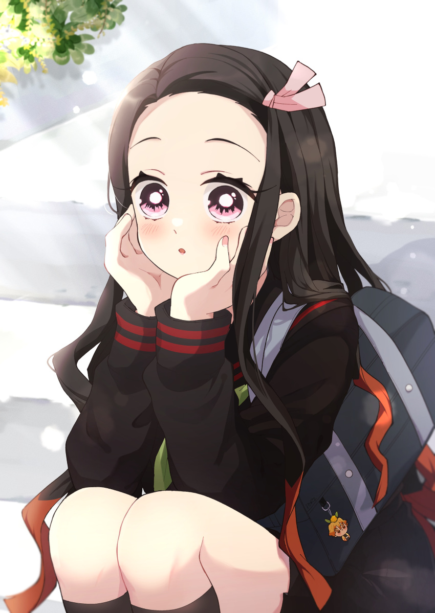 1girl :o absurdres agatsuma_zenitsu bag bare_legs black_hair black_serafuku black_thighhighs character_doll forehead hair_ornament hair_ribbon hand_over_face highres kamado_nezuko kimetsu_gakuen kimetsu_no_yaiba knee_up long_hair long_sleeves open_mouth pink_eyes pink_ribbon pori_(kmt_pori) ribbon school_uniform serafuku shoulder_bag thigh-highs